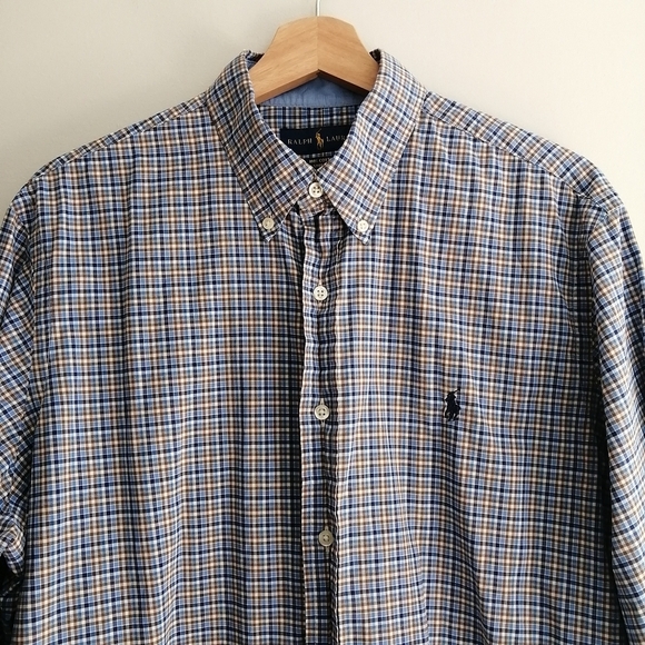 Ralph Lauren Men's Check Plaid Button Down Blue, White, and Brown Large - Picture 6 of 16